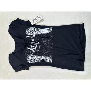 New Sz S Demi Loon Angel Wings Lace Up Goth Graphic Tee Biker Chic Punk